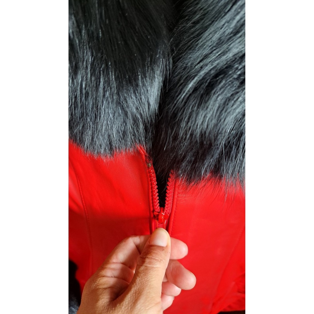 Y2K Vintage Chosen Couture Red Leather Jacket Black Fox Fur Collar Mob Wife - Picture 4 of 11
